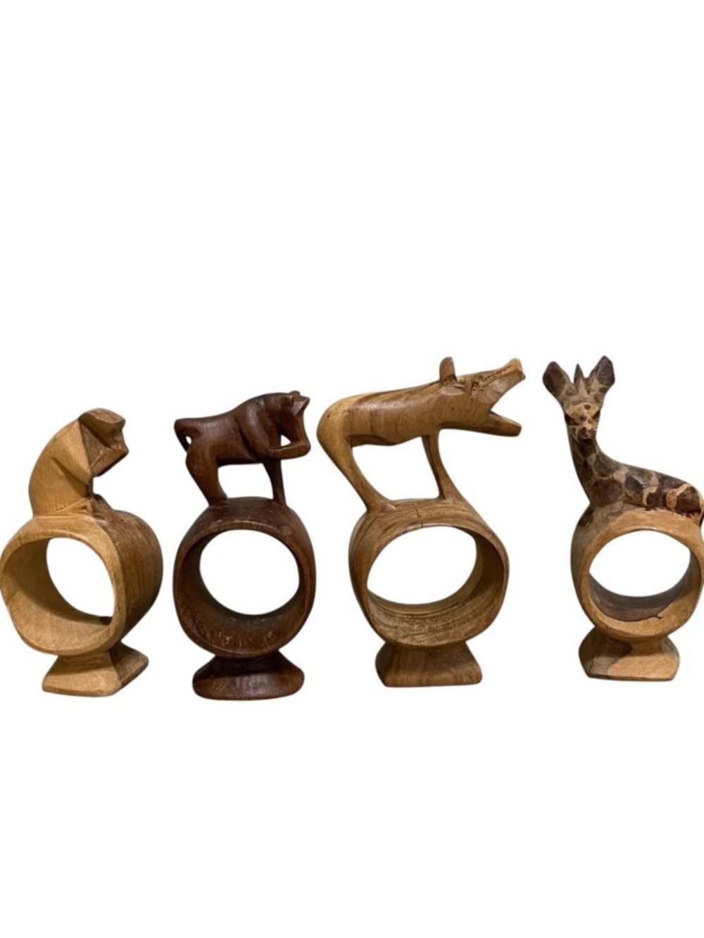 Wood Hand Carved Serengeti Safari Animal Napkin Rings Holders Brown Tan Set of 4